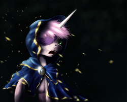 Size: 1000x804 | Tagged: safe, artist:akurion, oc, oc only, oc:rose quartz, pony, unicorn, fanfic:the world is filled with monsters, black background, brooch, cape, cloak, clothes, eyepatch, fanfic, fanfic art, female, green eyes, horn, jewelry, mare, one eye covered, open mouth, sharp horn, simple background, solo, unicorn oc
