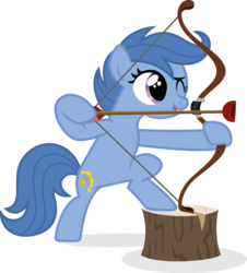 Size: 6129x6773 | Tagged: safe, artist:punzil504, archer (character), scootablue, earth pony, pony, g4, absurd resolution, archer, background pony, bipedal, bow, female, filly, one eye closed, one eye open, simple background, solo, transparent background, tree stump, vector, wingless