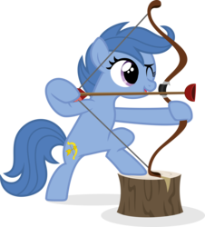 Size: 6129x6773 | Tagged: safe, artist:punzil504, archer (g4), scootablue, earth pony, pony, g4, absurd resolution, archer, background pony, bipedal, bow, female, filly, one eye closed, one eye open, simple background, solo, transparent background, tree stump, vector, wingless