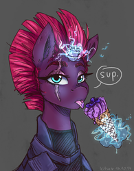 Size: 1480x1900 | Tagged: safe, artist:kitsu-chan11, tempest shadow, pony, unicorn, g4, my little pony: the movie, armor, blueberry, broken horn, bust, eating, eye scar, female, food, glowing horn, gray background, horn, ice cream, ice cream cone, mare, scar, simple background, solo, sparking horn, tongue out