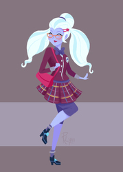 Size: 1500x2100 | Tagged: safe, artist:sketchysketchiness, sugarcoat, equestria girls, g4, bag, clothes, crystal prep academy uniform, cute, eyes closed, female, glasses, high heels, leggings, pigtails, school uniform, shoes, skirt, smiling, socks, solo, sugarcute, twintails
