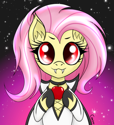 Size: 1024x1124 | Tagged: safe, artist:canister, fluttershy, bat pony, pony, g4, apple, bust, clothes, fangs, female, flutterbat, food, hoof hold, looking at you, mare, portrait, race swap, smiling, solo