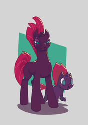 Size: 842x1191 | Tagged: safe, artist:jsandart, fizzlepop berrytwist, tempest shadow, pony, unicorn, g4, my little pony: the movie, adult blank flank, blank flank, broken horn, duo, eye scar, female, filly, filly tempest shadow, horn, mare, scar, self ponidox, solo, younger
