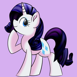 Size: 1000x1000 | Tagged: safe, artist:vale-bandicoot96, rarity, pony, g4, female, looking at you, mare, purple background, raised hoof, simple background, smiling, solo