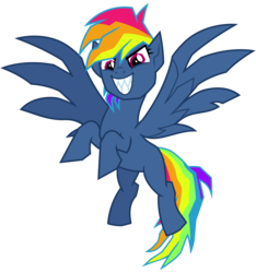 Size: 3000x3200 | Tagged: safe, artist:cheezedoodle96, rainbow dash, pegasus, pony, g4, secrets and pies, .svg available, evil, evil grin, evil pie hater dash, fangs, female, flying, grin, high res, looking at you, mare, rearing, simple background, smiling, smiling at you, solo, spread wings, svg, transparent background, vector, wings