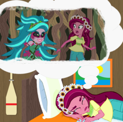 Size: 1430x1427 | Tagged: safe, artist:wesleyabram, gaea everfree, gloriosa daisy, equestria girls, g4, bed, crying, duality, nightmare, sad, scared, self paradox, story included