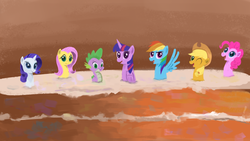 Size: 1920x1080 | Tagged: safe, artist:sycreon, derpibooru exclusive, applejack, fluttershy, pinkie pie, rainbow dash, rarity, spike, twilight sparkle, alicorn, dragon, pony, g4, cake, food, frosting, happy birthday mlp:fim, looking at you, mane seven, mane six, mlp fim's seventh anniversary, twilight sparkle (alicorn)