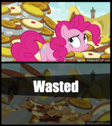 Size: 316x356 | Tagged: safe, edit, screencap, pinkie pie, g4, season 7, secrets and pies, food, grand theft auto, meme, pie, wasted