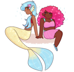 Size: 2900x2839 | Tagged: safe, artist:mochietti, pinkie pie, princess skystar, human, mermaid, g4, my little pony: the movie, alternate hairstyle, blushing, chubby, clothes, dark skin, ear fins, feet, female, high res, holding hands, humanized, lesbian, mermaidized, sandals, ship:skypie, shipping, simple background, skirt, species swap, transparent background