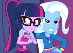 Size: 782x564 | Tagged: safe, artist:themexicanpunisher, sci-twi, trixie, twilight sparkle, equestria girls, g4, clothes, female, glasses, hand on hip, lesbian, ship:sci-twixie, ship:twixie, shipping, side hug, smiling