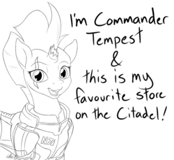 Size: 600x549 | Tagged: safe, artist:ethaes, tempest shadow, pony, unicorn, g4, my little pony: the movie, armor, broken horn, commander shepard, crossover, dialogue, eye scar, female, horn, lineart, mass effect, meme, quote, scar, sketch, solo