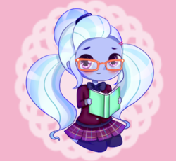 Size: 420x386 | Tagged: safe, artist:electricshine, sugarcoat, equestria girls, g4, book, chibi, clothes, crystal prep academy uniform, cute, female, glasses, looking at you, out of character, school uniform, sitting, smiling, solo, sugarcute