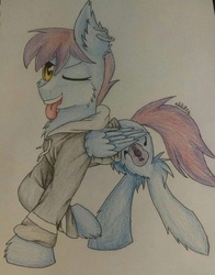 Size: 1590x2031 | Tagged: safe, artist:eliwolfdeer, oc, oc only, oc:chaos melody, pegasus, pony, clothes, ear fluff, ear piercing, piercing, tongue out, traditional art