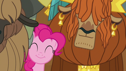 Size: 1280x720 | Tagged: safe, screencap, pinkie pie, prince rutherford, pony, yak, g4, not asking for trouble, smiling, unnamed character, unnamed yak