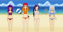 Size: 1366x706 | Tagged: safe, artist:roseprincessmitia, starlight glimmer, sunset shimmer, trixie, twilight sparkle, human, g4, alternate hairstyle, ball, barefoot, beach, beach ball, belly button, clothes, counterparts, eyes closed, feet, female, glasses, humanized, kisekae, ocean, open mouth, spiked wristband, swimsuit, twilight's counterparts, wand, wristband