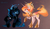 Size: 2828x1653 | Tagged: safe, artist:magnaluna, princess celestia, princess luna, alicorn, bat pony, bat pony alicorn, elemental pony, pony, g4, alternate design, alternate hairstyle, alternate universe, armor, blue sclera, color porn, colored wings, colored wingtips, crown, duo, ethereal hair, ethereal mane, ethereal tail, female, fiery mane, fiery tail, folded wings, galaxy mane, gradient background, gradient wings, halo, hoof shoes, horseshoes, hybrid wings, jewelry, luna is not amused, lunabat, mane of fire, mare, peytral, princess shoes, race swap, raised hoof, regalia, simple background, smiling, sparkly mane, sparkly tail, spread wings, standing, starry mane, starry tail, tail, tiara, unamused, wings