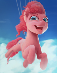 Size: 2000x2552 | Tagged: safe, artist:starblaze25, pinkie pie, earth pony, pony, g4, balloon, cloud, female, floating, high res, mare, open mouth, sky, smiling, solo, then watch her balloons lift her up to the sky