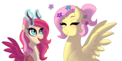 Size: 1024x514 | Tagged: safe, artist:cascayd, fluttershy, oc, oc:jinx, draconequus, hybrid, g4, alternate hairstyle, draconequus oc, female, flower, flower in hair, interspecies offspring, mother and daughter, offspring, parent:discord, parent:fluttershy, parents:discoshy, simple background, white background