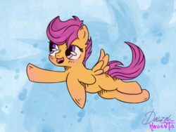 Size: 1024x768 | Tagged: safe, artist:deazelmagenta, scootaloo, pegasus, pony, g4, cute, cutealoo, female, filly, flying, scootaloo can fly, solo