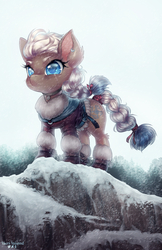 Size: 750x1158 | Tagged: safe, artist:tawni-tailwind, oc, oc only, oc:valiant frost, earth pony, pony, boots, braid, braided tail, clothes, colored pupils, commission, ear piercing, female, mare, piercing, scar, shoes, snow, solo