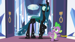 Size: 948x533 | Tagged: safe, edit, edited screencap, screencap, vector edit, queen chrysalis, spike, changeling, changeling queen, dragon, g4, season 6, the times they are a changeling, a better ending for chrysalis, alternate ending, alternate scenario, awkward, character development, crystal empire, cute, cutealis, discovery family logo, dork, dorkalis, duo, fake screencap, female, folded wings, former queen chrysalis, good end, insecure, looking away, male, nervous, parody, raised hoof, redemption, reformed, shy, smiling, throne room, vector, what if