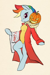 Size: 991x1496 | Tagged: dead source, safe, artist:lunebat, rainbow dash, pegasus, semi-anthro, g4, alternate hairstyle, clothes, cosplay, costume, don't panic, female, halloween, hitchhiker's guide to the galaxy, holiday, jack-o-lantern, pumpkin, towel, zaphod beeblebrox
