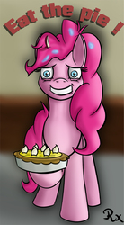 Size: 690x1250 | Tagged: safe, artist:reflex-pony, pinkie pie, earth pony, pony, g4, secrets and pies, eat my pie, female, food, looking at you, mare, obsession, pie, solo, that pony sure does love pies