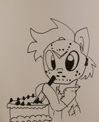 Size: 1060x1308 | Tagged: safe, artist:tjpones, earth pony, pony, black and white, cake, clothes, ear fluff, food, friday the 13th, grayscale, hoof hold, inktober, jason voorhees, knife, mask, monochrome, ponified, solo, traditional art