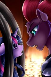 Size: 1024x1536 | Tagged: safe, artist:crecious, tempest shadow, twilight sparkle, alicorn, pony, unicorn, g4, my little pony: the movie, broken horn, cage, female, horn, looking at each other, mare, open mouth, open up your eyes, scene interpretation, twilight sparkle (alicorn)