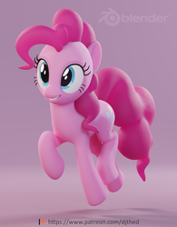 Size: 1688x2160 | Tagged: safe, artist:therealdjthed, pinkie pie, earth pony, pony, g4, 3d, 3d model, blender, blender cycles, cycles render, egghead, female, jumping, mare, model:djthed, patreon, patreon logo, simple background, smiling, solo