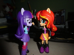 Size: 4896x3672 | Tagged: safe, artist:artofmagicpoland, sunset shimmer, twilight sparkle, equestria girls, g4, boop, cute, doll, equestria girls minis, female, lesbian, ponied up, shimmerbetes, ship:sunsetsparkle, shipping, toy, twiabetes