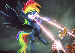Size: 1200x850 | Tagged: safe, artist:assasinmonkey, rainbow dash, pegasus, pony, secrets and pies, evil pie hater dash, eye beams, female, flying, food, mare, pie, pure unfiltered evil, scene interpretation, solo, that pony sure does hate pies