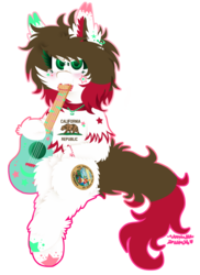 Size: 867x1189 | Tagged: safe, artist:vanillaswirl6, oc, oc only, oc:california, bear, pony, vanillaswirl6's state ponies, biting, bracelet, brown mane, california, clothes, dots, ear piercing, earring, face paint, female, green eyes, guitar, jewelry, looking at you, mare, markings, necklace, piercing, sharp teeth, shirt, simple background, sitting, solo, stars, teeth, transparent background