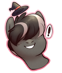 Size: 603x717 | Tagged: safe, artist:klngkumquat, oc, oc only, oc:infusion, bust, exclamation point, female, filly, hair over eyes, hat, mute, solo, witch hat