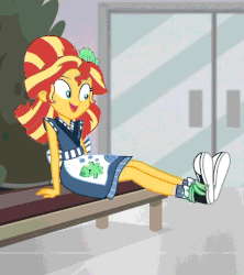 Size: 648x729 | Tagged: safe, edit, edited screencap, screencap, sunset shimmer, equestria girls, g4, good vibes, my little pony equestria girls: summertime shorts, animated, apron, clothes, converse, cute, feet, female, gif, happi, shimmerbetes, shoes, sitting, sunset sushi, uniform, wat