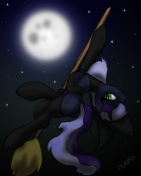 Size: 1200x1500 | Tagged: safe, artist:miniferu, oc, oc only, oc:krystel, pony, unicorn, broom, clothes, flying, flying broomstick, hat, moon, stockings, thigh highs, witch, witch hat