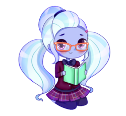 Size: 420x386 | Tagged: safe, artist:electricshine, sugarcoat, equestria girls, g4, blushing, book, chibi, clothes, crystal prep academy uniform, cute, female, glasses, looking at you, school uniform, simple background, sitting, skirt, smiling, solo, sugarcute, transparent background