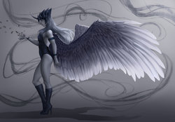 Size: 1024x711 | Tagged: safe, artist:twinwaddle, nightmare moon, human, g4, armor, boots, clothes, crying, eyes closed, female, helmet, horn, horned humanization, humanized, leotard, redraw, shoes, solo, unconvincing armor, winged humanization, wings