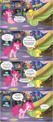 Size: 1720x3957 | Tagged: safe, derpibooru exclusive, pinkie pie, oc, oc:zynyz, pony, g4, comic, crossover, kacheek, neopets, non-pony oc, party cave, slide, squee