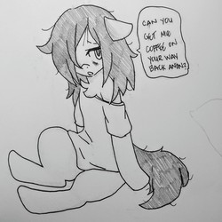 Size: 3120x3119 | Tagged: safe, artist:shpace, oc, oc only, oc:floor bored, earth pony, pony, chest fluff, clothes, dialogue, female, floppy ears, hair over one eye, high res, implied anon, loose fitting clothes, mare, monochrome, open mouth, shirt, sitting, solo, speech bubble