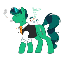 Size: 3250x3000 | Tagged: safe, artist:klngkumquat, oc, oc only, oc:varicose, pony, unicorn, clothes, doctor, eyes closed, glowing horn, high res, horn, magic, male, necktie, older, reference sheet, simple background, smoking, solo, telekinesis, transparent background