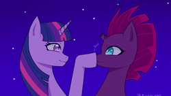 Size: 1920x1080 | Tagged: safe, artist:chagold, tempest shadow, twilight sparkle, g4, my little pony: the movie, boop, nose wrinkle, scrunchy face
