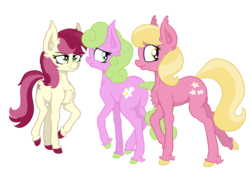 Size: 1873x1286 | Tagged: safe, artist:paskanaakka, derpibooru exclusive, daisy, flower wishes, lily, lily valley, roseluck, earth pony, pony, g4, chest fluff, colored hooves, ear fluff, female, flower trio, looking back, mare, raised hoof, simple background, smiling, transparent background, trio, unshorn fetlocks