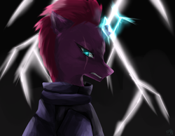 Size: 2657x2066 | Tagged: safe, artist:felineoc-alice, tempest shadow, pony, unicorn, g4, my little pony: the movie, armor, black background, broken horn, electricity, eye scar, female, high res, horn, lightning, magic, mare, scar, simple background, solo, sparking horn