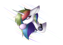 Size: 1024x735 | Tagged: safe, artist:umiimou, oc, oc only, pony, unicorn, bubblegum, bust, food, gum, headphones, rainbow hair, simple background, solo, transparent background