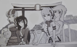 Size: 3154x1930 | Tagged: safe, artist:zalla661, inky rose, lily lace, moonlight raven, sunshine smiles, trixie, human, g4, female, hand on shoulder, hug, humanized, japan, lesbian, monochrome, plushie, ship:inkyraven, shipping, sunlace, traditional art