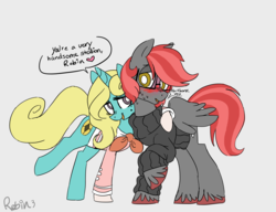 Size: 2808x2160 | Tagged: safe, artist:robiinart, oc, oc only, oc:robin, oc:seafoam breeze, pegasus, pony, unicorn, ascot, beauty mark, blushing, clothes, glasses, high res, side hug, sweater, turtleneck, unshorn fetlocks