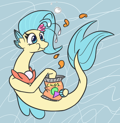 Size: 579x594 | Tagged: safe, artist:jargon scott, princess skystar, seapony (g4), g4, my little pony: the movie, blue eyes, blue mane, chips, cute, dorsal fin, eating, female, fin, fin wings, fins, fish tail, flowing tail, food, freckles, glowing, jewelry, necklace, ocean, pearl necklace, skyabetes, solo, swimming, tail, underwater, water, wings