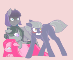 Size: 1024x843 | Tagged: safe, artist:uniquecolorchaos, limestone pie, marble pie, maud pie, pinkie pie, earth pony, pony, g4, angry, big sister instinct, blushing, bristling fur, colored pupils, crying, death stare, female, floppy ears, gritted teeth, limestone pie is not amused, mare, maud pie is not amused, now you fucked up, pie sisters, pink background, pinkamena diane pie, prone, sibling love, siblings, simple background, sisterly love, sisters, smiling, this will end in tears and/or death