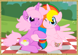 Size: 1128x800 | Tagged: safe, artist:lalalover4everyt, oc, oc only, oc:rainbow splash, alicorn, pony, unicorn, female, hug, mare, picnic blanket